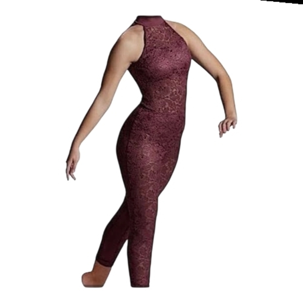 Weissman Burgundy Lace Halter Dance Unitard